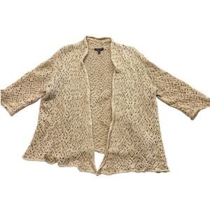 Eileen Fisher Shrug Cardigan Sweater Sz Medium Tan Crochet Knit Open Linen Blend